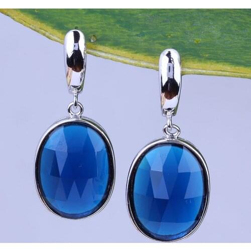 Excellent Silver Color Jewelry Blue imitation Gemstone Oval Drop Earrings for Party & Wedding Mother Gift J0497