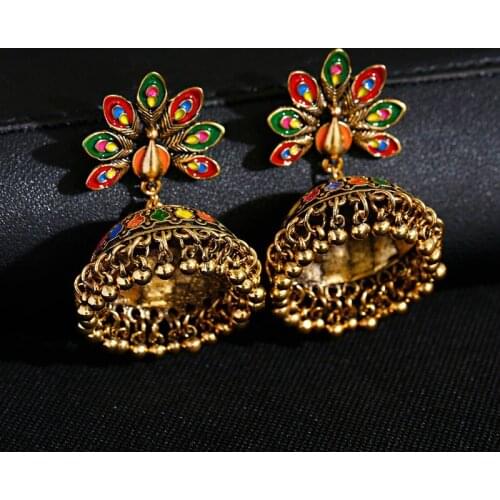 Vintage Antique Indian Bollywood Peacock Carved Jhumka Jhumki Earrings Women Boho Ethnic Gold Bells Earring Jewelry