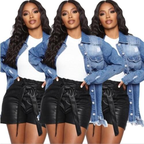 Fringed denim shirt womens fringed denim mid-length jacket Harajuku Hoodies Women clothes Hooded Jumper Hooded Regular Coat