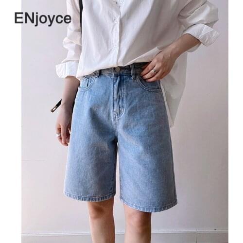 Women Simple Basic Blue High Waist Denim Shorts 2021 Spring Summer Casual Mid Length Wide Leg Jeans Cycling Straight Shorts