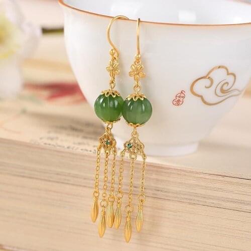 Natural Hetian Bi crown tassel earrings Chinese retro palace style aristocratic light luxury charm womens silver jewelry