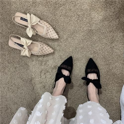 2021 Spring/Summer Dot Mesh Bow Mid Heel Pointed Toe Shoes Womens Sandals Shoes for Women