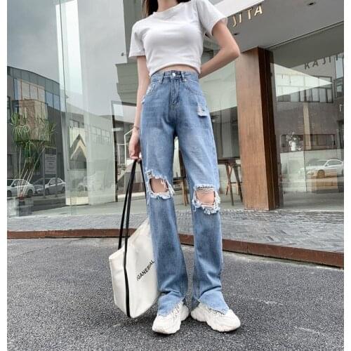 Women Loose Split Hole Jeans Ripped Wide Leg Pants Girl Y2K High Waist Blue Wash Casual Cotton Denim Trousers Summer Baggy Jeans