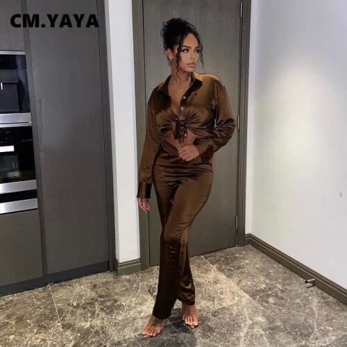 CM.YAYA Women Set Solid Full Sleeve Bandage Shirts Tops Stretchy Pants Two 2 Piece Sets Fashion Outfits Tracksuit Spring Fall