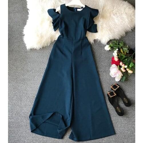 Womens spring summer ruffles sleeve sexy off shoulder jumpsuit female summer wide leg pants TB1219