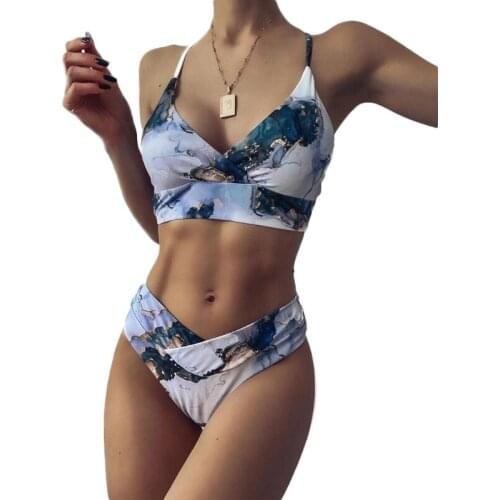 Women Sexy Bikini Set V-Neck Padded Swimsuit Tie-Dye Marble Print Bathing Suit Dropship