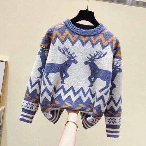 Deer autumn and winter knit sweater women Korean style loose and lazy style pullover long sleeve o neck