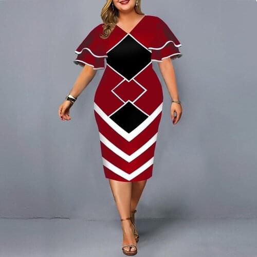 Women Dress Elegant Geometric Print Evening Party Dress Casual Plus Size Office Bodycon Dress XL-5XL