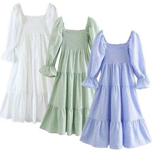 Fashion Womens Casual Dress Plaid Print Summer Za Vintage Puff Short Sleeve Back Bow Ladies Midi Dress High Quality 4 Colors