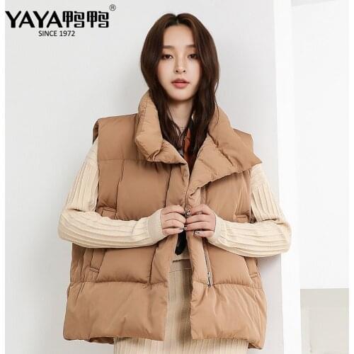 YAYA Winter Womens Turndown Collar Straight Tube Vest Down Jacket High Quality Ultra Light Duck Liner Warm Casual Waistcoat