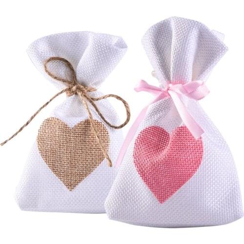 12pcs/set Trendy Natural Linen Pouches Candy Bag Heart Pattern Drawstring Linen Bags Wedding Gift Bags Jewelry Bag Wedding Decor