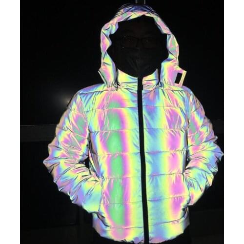 2021 Winter Hip Hop Hooded Parka Rainbow Dazzling 3M Reflective Light Winter Jacket Coat Windbreaker Younger Padded Cotton Coat