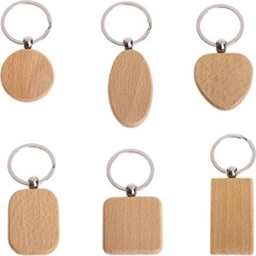 50Pcs DIY Blank Wooden Key Chain Rectangle Heart Round Ellipse Carving Key Ring Wood Key Chain Ring