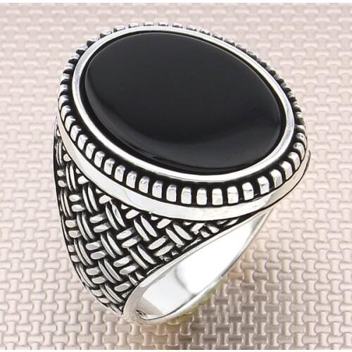 Big Straight Oval Black Onyx Stone Men Silver Ring With Wicker Motif Made in Turkey Solid 925 Sterling Silver