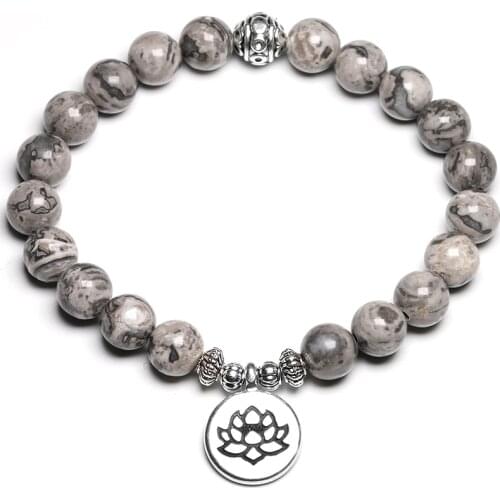 Natural Grey Map Stone Charm Lotus Women Bracelet Men Natural Stone Energy Bracelet Elastic Rope Yoga Bracelet Spiritual Jewelry