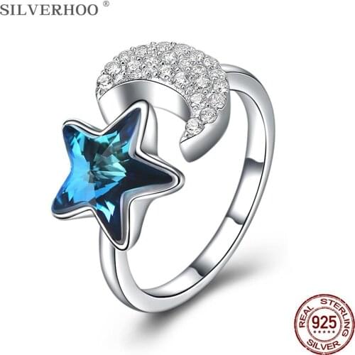 SILVERHOO Rings For Women 925 Sterling Silver Opening Adjustable Shining Moon With Blue Star Ring Fine Jewelry Anniversary Gift