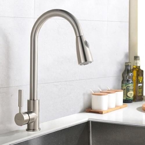 Brushed Nickel Stainless Steel Single Handle Pull Down Sprayer Kitchen Faucet, Pull Out Kitchen Faucets