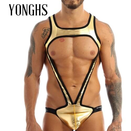 Mens Lingerie Sexy Mankini Bodysuit Underwear Shiny Metallic Wide Shoulder Strap Bulge Pouch Jockstrap Wrestling Singlet Leotard