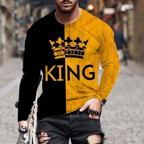 New mens autumn and spring loose casual fashion round neck fashion color matching KING printing long-sleeved T-shirt
