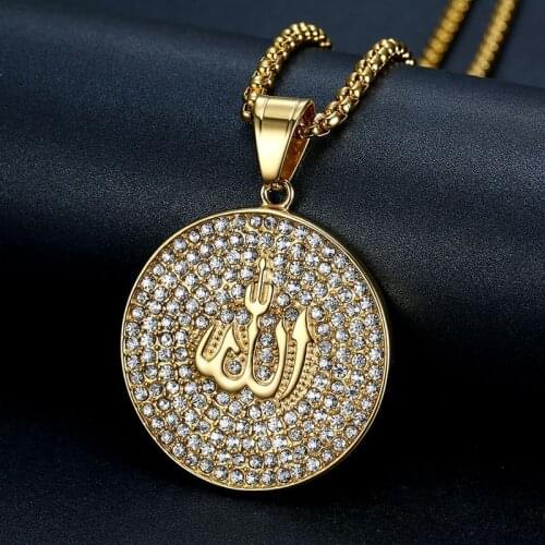 Iced Out Hip Hop Round Allah Necklace Gold Color Stainless Steel Islam Muslim Arabic Pendant Prayer for Men Jewelry Dropshipping