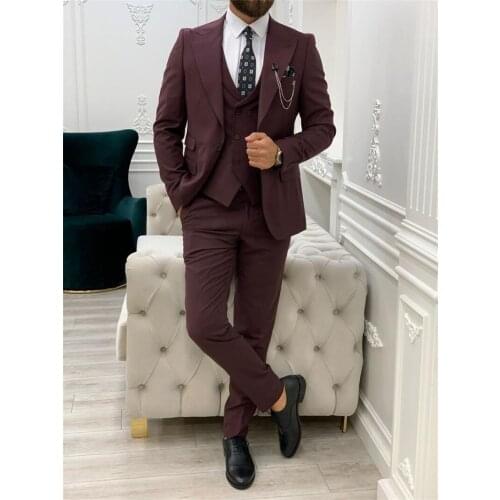Jacket+Pants+Vest) Classic Burgundy 3 Piece Groom Tuexdos For Wedding Formal Prom Suit Party Evening Blazer Custom Made