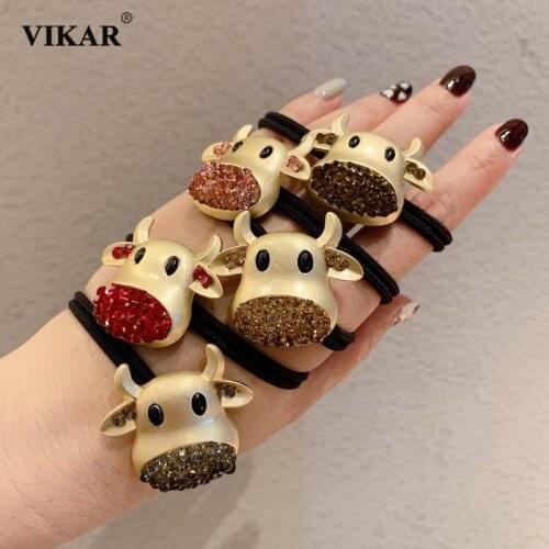 New Women Cute Rotating Cow Elastic Hair Bands Gilrs Diamond Scrunchie Hair Tie Ponytail Holder Headband Fashion Hair Accessorie