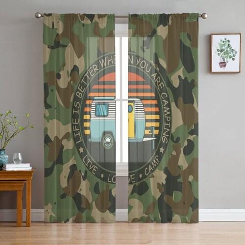 Luxury Tulle Curtains Camper Camouflage Green Living Room Kitchen Chiffon Curtain Youth Bedroom Sheer Floor Valance Curtain