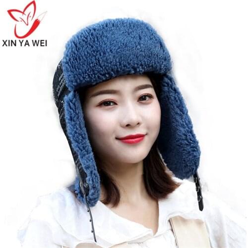 New womens hats leather sheep shearling hats brim hats warm ear protection hats real fur hat caps winter ski caps to protect