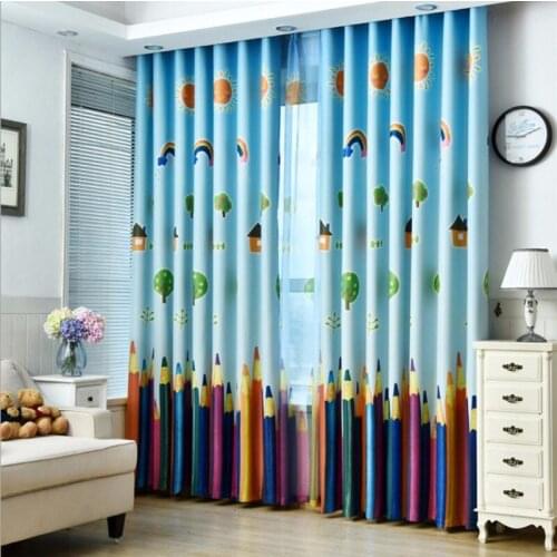 Children Pencil Curtains Cartoon Printed Window Drapes Sheer Tulle Voile Curtains for Kids Living Room Bedroom Window Treatment