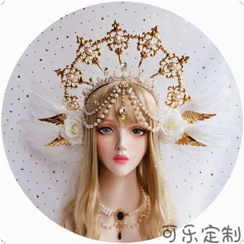 Lolita Sun Godmothers KC Gothic Crystal Tiaras and Crowns White Rose Angel Wings Virgin Mary Bead Chain Baroque Tiara Headdress