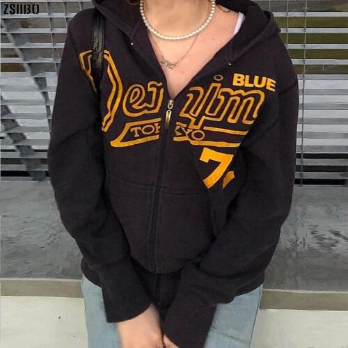 Zip up hoodie Vintage Streetwear Letters Print Jacket Women Hoodies 2021 Autumn Korean Fashion Teens grunge Clothes худи