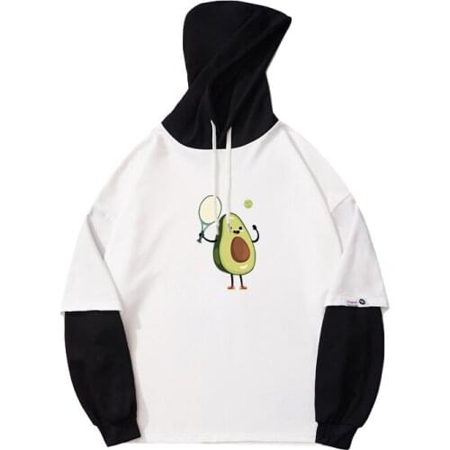 Avocado Cartoon Printed Hoodie Casual Loose Fake Two Pieces Stitching Sweatshirt Women Friends Harajuku Kawaii Sudaderas Clothes