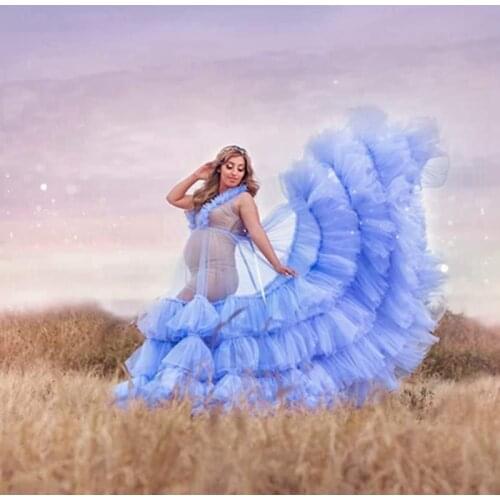 Sky Blue See Thru Ruffles Tulle Pregnant Women Dress To Photography Gorgeous Tiered Mesh Maternity Robes Sleeveless Women Gowns