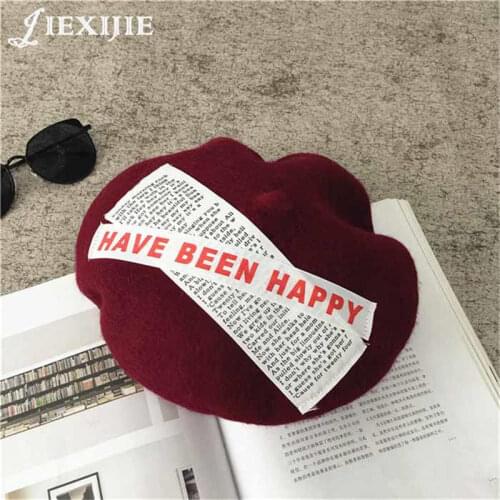 Women Korean Style letters stickers painted head Beret Hat French Artist wool Beanie Hat Autumn Spring Winter Punk Beret Hats