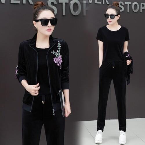 Iadies suits office Tracksuit for women 3 piece set plus-size Spring autumn clothes for womens velvet top + T-shirt + pants 4436
