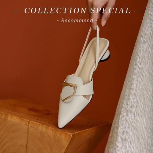 【JOCHEBED HU】Womens leather high quality base shoes point toe slipper and middle heel sandal 33-43