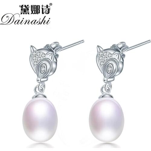 Dainashi 100% Genuine Freshwater Cultured Pearl Earrings Hot Sale 925 Sterling Silver Zircon Fox Fashion Drop Earrings for Women