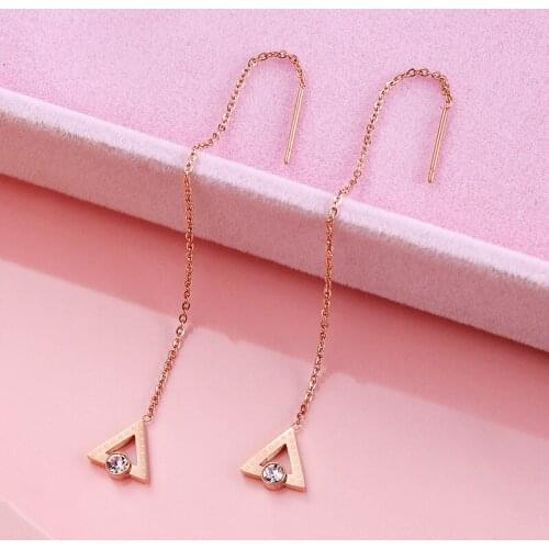 2021 New Fashion No Fade Rose Gold Stainless Steel Triangle Drop Earrings For Women Korean Style Long Chain Tassels Ear Line