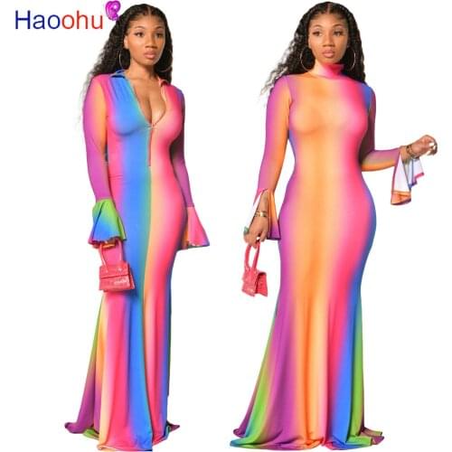 Rainbow Print Long Dress Women turtleneck Long Flare Sleeve Boho Maxi Dress Elegant Holiday Casual Party Beach Dress Women