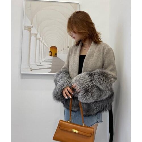 2020 Women Fashion Design Houndstooth Coat With Fluffy Natural Red Fox Fur Cuffs and hem Ladies Outerwear Streetwear