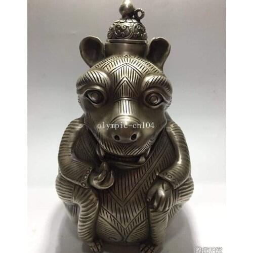 10''tibetan copper silver-plated carved beast the Dragon King pot incense burner