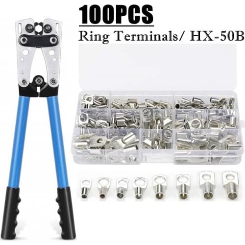100PCS Car Auto Copper Ring Terminal Wire Crimp Connector Bare Cable Battery Terminals Soldered Connectors Kit HX-50B