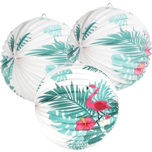 3pc 23cm palm Leaves Flamingo Printed Accordion Pleated Paper Lanterns Tropical Luau Wedding Birthday Shower Summer Party Decor