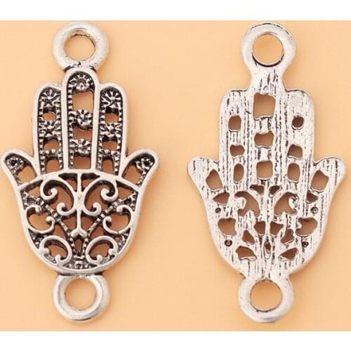 50pcs/Lot Tibetan Silver Fatima Hamsa Hand Connector Charms Pendants for Bracelet Necklace Jewelry Making Accessories