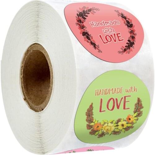 500pcs/roll Handmade With Love Flowers Stickers for Wedding Childrens Day Gift Stickers Kids Kawaii Cute Labels