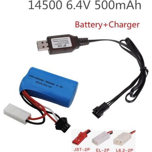 6.4v 500mah 15C 14500 Li-ion Battery RC toys battery SM-2P JST-2P EL-2P L6.2-2P free shipping
