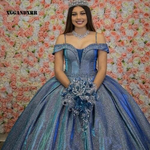 Sparkly Ball Gown Quinceanera Dress 2022 Satin Sequined Crysta Long Dream Blue Sleeveless Sweet 15 16 Party Or Plus Size