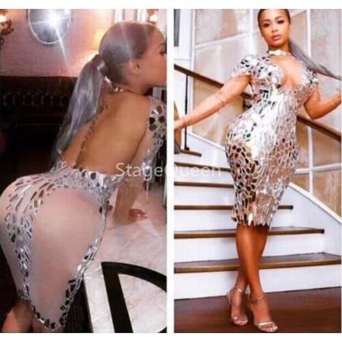 Sparkly Silver Mirrors Mesh Perspective Dress Backless Party Dress Birthday Celebrate Costume Singer Performance Dance DS Dress