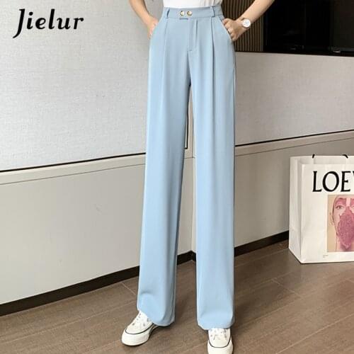 Jielur Ice Silk Wide-leg Suit Pants Women Casual Loose High Waist Thin Womens Pant 2021 Summer Button Trousers Black Blue White
