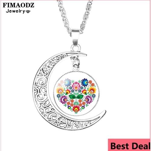 FIMAODZ Polish Folk Art Pattern Necklace Heart Flower Charm Glass Time Gem Moon Pendant Necklace for Women Girl Boho Jewelry